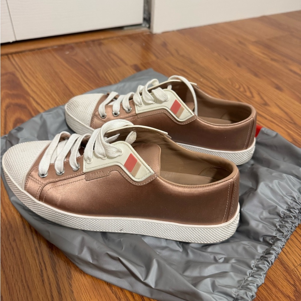 Prada Women's Satin Sneakers - Pink and White